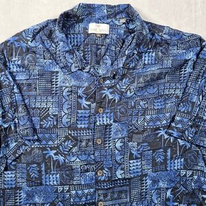Oak Hill Hawaiian Shirt Mens 3XL Blue Geometric Tribal Palm Print 100% Rayon